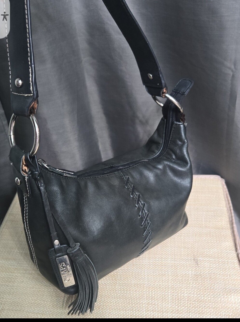 Chaps Black Leather Shoulder Bag with Tassel & Charm